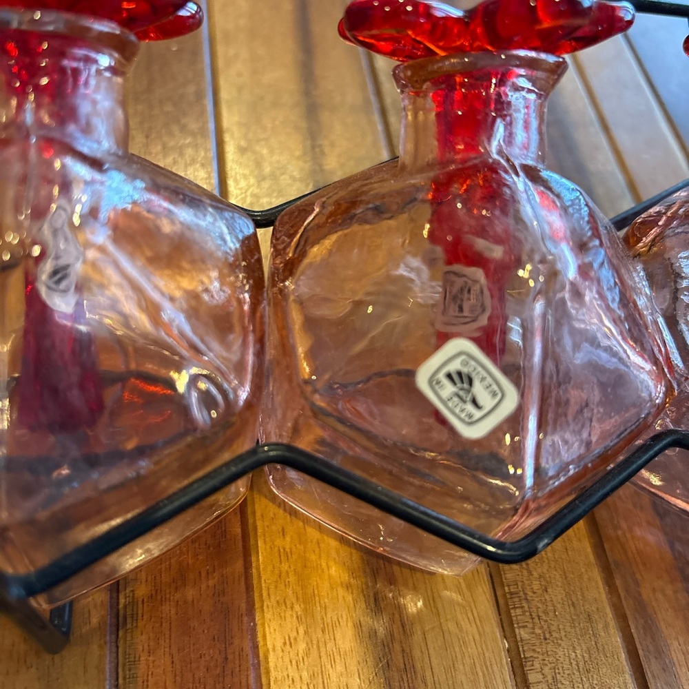 Vintage Parasol Triple Hummingbird Feeder Set Pink Glass Bottles w/ Metal Rack - Picture 4 of 9
